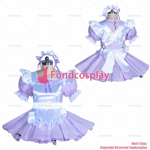 fondcosplay adult sexy cross dressing sissy maid short French lilac cotton lockable dress white satin apron CD/TV[G3881]