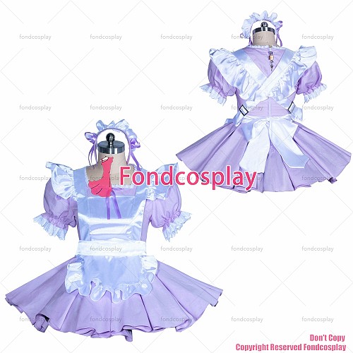 fondcosplay adult sexy cross dressing sissy maid short French lilac cotton lockable dress white satin apron CD/TV[G3881]