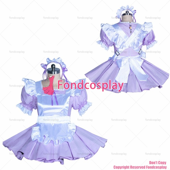 fondcosplay adult sexy cross dressing sissy maid short French lilac cotton lockable dress white satin apron CD/TV[G3881]