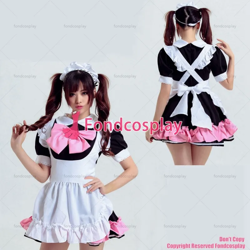 fondcosplay adult sexy cross dressing sissy maid short French lockable black Cotton dress white apron Unisex CD/TV[G3921]