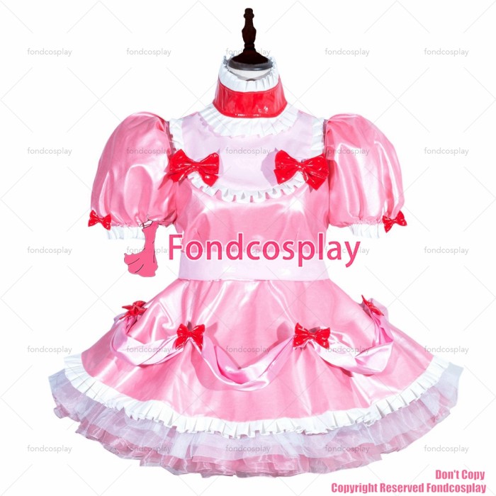 fondcosplay adult sexy cross dressing sissy maid short French Lockable Baby Pink shiny leather dress CD/TV[G3996]
