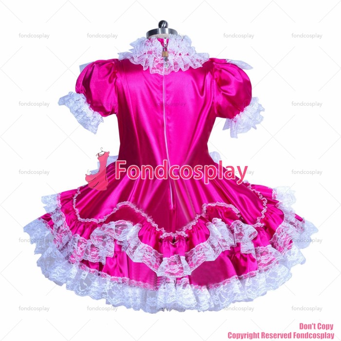 fondcosplay adult sexy cross dressing sissy maid short French hot pink Satin white lace lockable dress CD/TV[G3929]