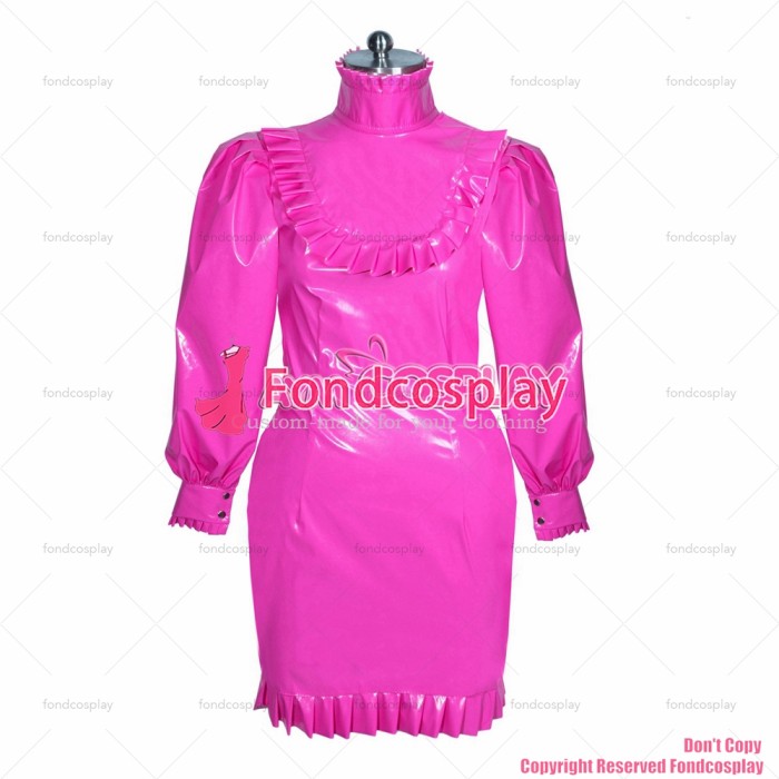 fondcosplay adult sexy cross dressing sissy maid short lockable hot pink thin PVC gothic dress unisex CD/TV[G3878]