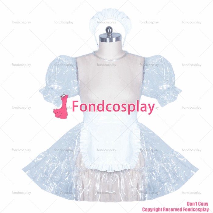 fondcosplay adult sexy cross dressing sissy maid short French lockable clear PVC dress cosplay white apron CD/TV[G3895]