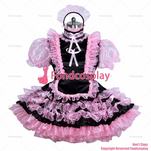 fondcosplay adult sexy cross dressing sissy maid short French lockable black satin pink organza dress unisex CD/TV[G3898]