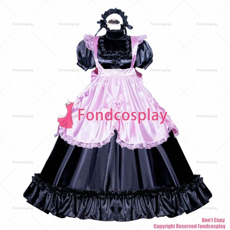 fondcosplay adult sexy cross dressing sissy maid long French Lockable Black Satin Dress pink apron CD/TV[G3995]