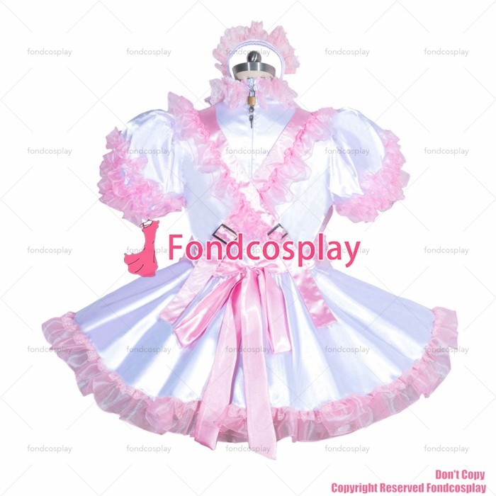 fondcosplay adult sexy cross dressing sissy maid short french satin lockable dress white pink Uniform costume CD/TV[G3961]