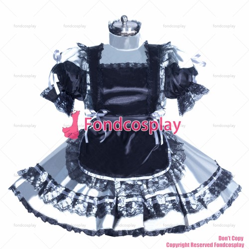 fondcosplay adult sexy cross dressing sissy maid short French black apron lockable silver satin dress costume CD/TV[G3932]