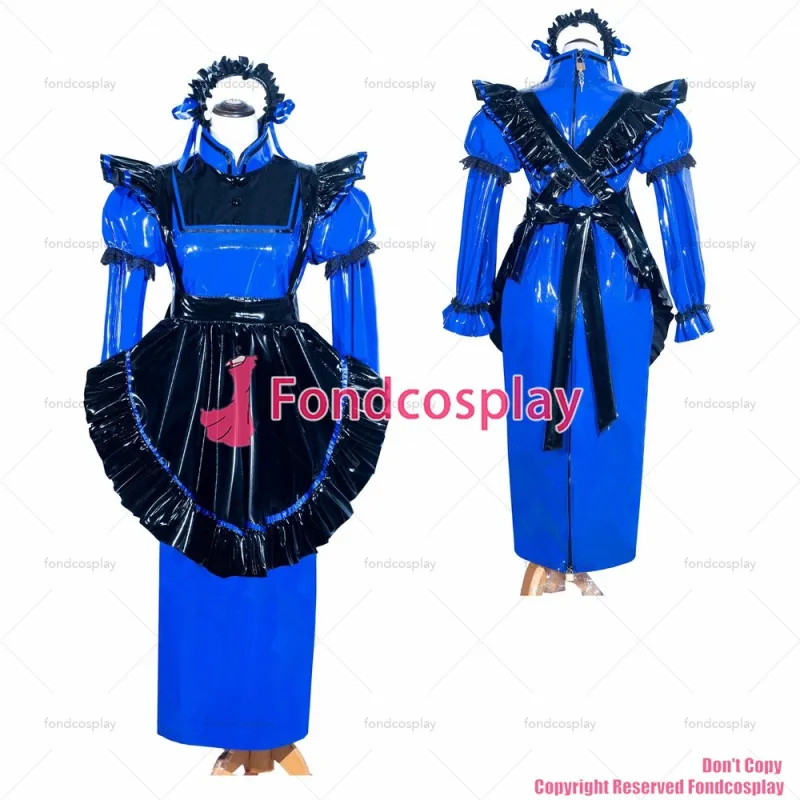 fondcosplay adult cross dressing sissy maid long French Lockable Blue thin PVC Dress Uniform black apron CD/TV[G3987]
