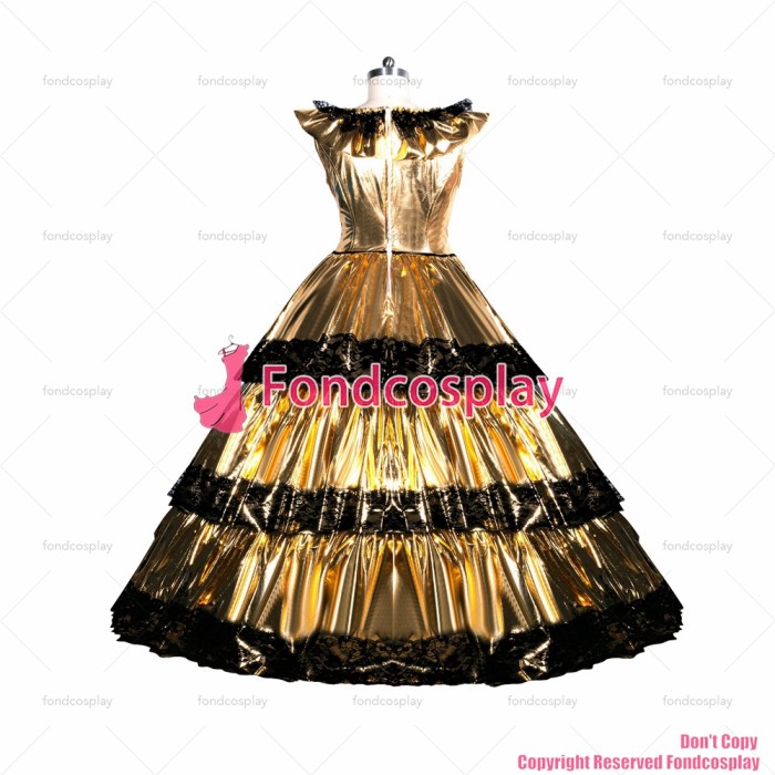 fondcosplay adult sexy cross dressing sissy maid long French golden thin PVC lockable dress Uniform costume CD/TV[G3946]