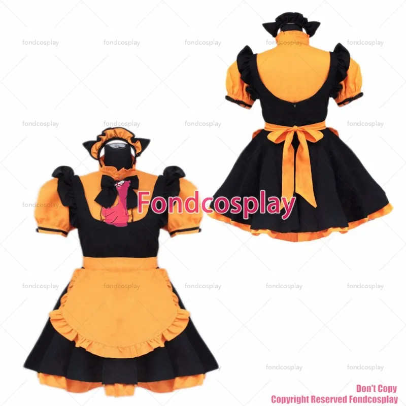 fondcosplay adult cross dressing sissy maid short French orange black lockable dress cosplay uniform cloth CD/TV[G3924]