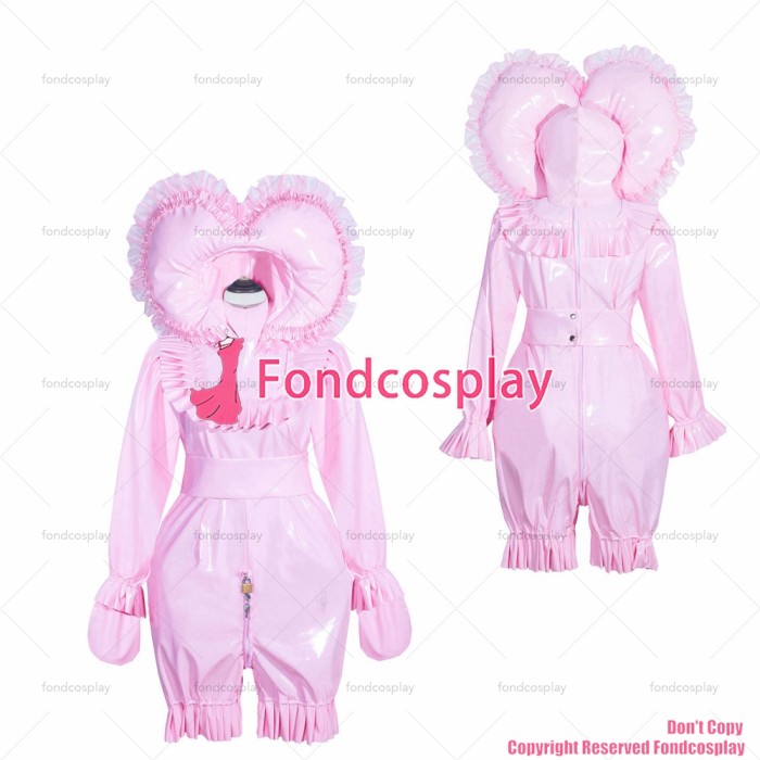 fondcosplay adult sexy cross dressing sissy maid short French Lockable pink thin PVC Romper bonnet Jumpsuit CD/TV[G4012]