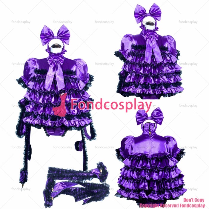 cross dressing sissy maid french lockable purple Sissy baby Satin Romper dress handcuffs legcuffs Jumpsuit CD/TV[G3906]