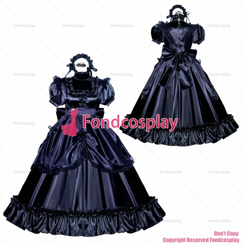 fondcosplay adult sexy cross dressing sissy maid long French Lockable Black Satin Dress Uniform Costume CD/TV[G3989]