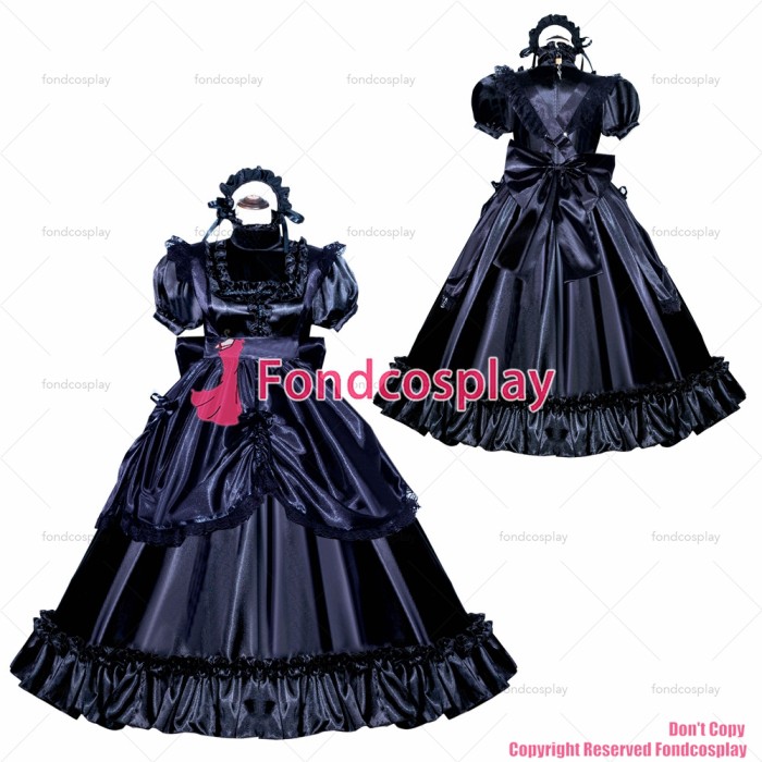 fondcosplay adult sexy cross dressing sissy maid long French Lockable Black Satin Dress Uniform Costume CD/TV[G3988]