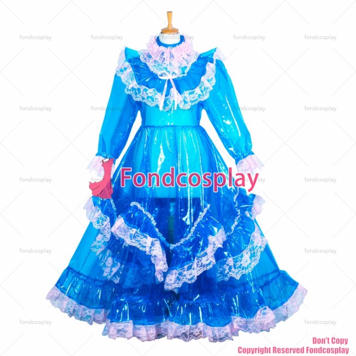 fondcosplay adult sexy cross dressing sissy maid long blue Clear PVC Lockable EVA Plastic blue dress CD/TV[G3850]