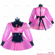 fondcosplay adult sexy cross dressing sissy maid short French hot pink clear PVC lockable dress black apron CD/TV[G3863]