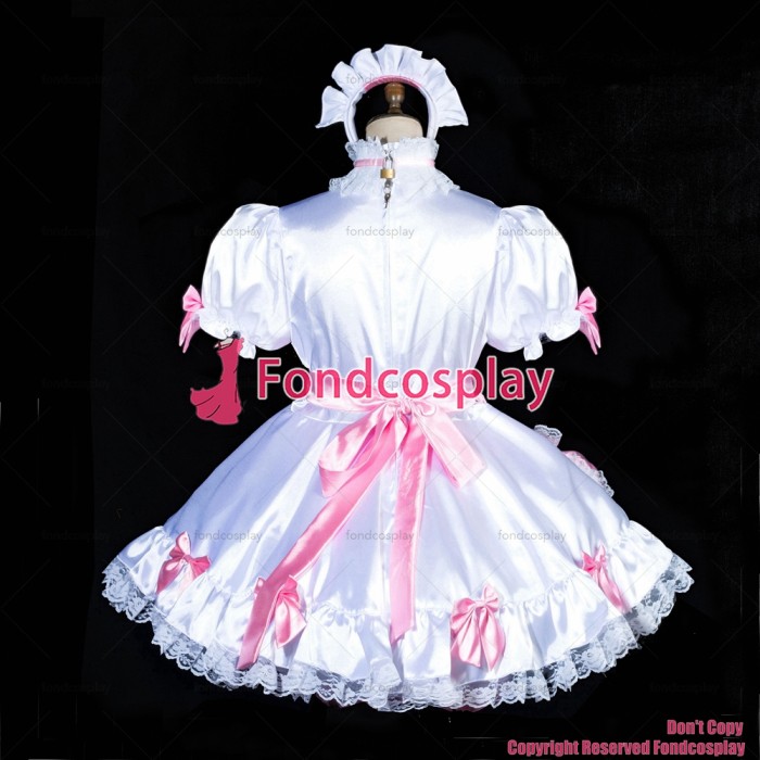 fondcosplay adult sexy cross dressing sissy maid short Lockable heart white Satin Bag heart Dress CD/TV[G3835]