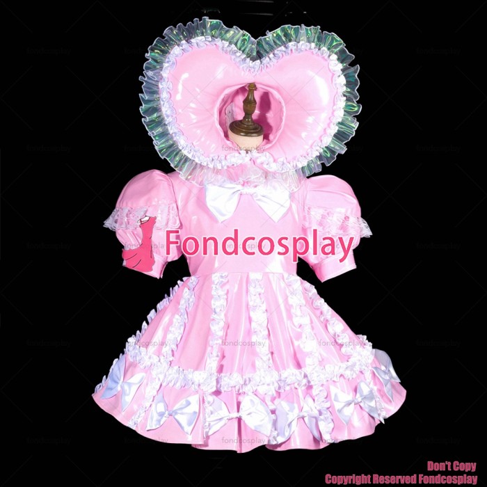 fondcosplay adult sexy cross dressing sissy maid baby pink thin PVC Dress Vinyl lockable TV Unisex heart hood CD/TV[G3823]
