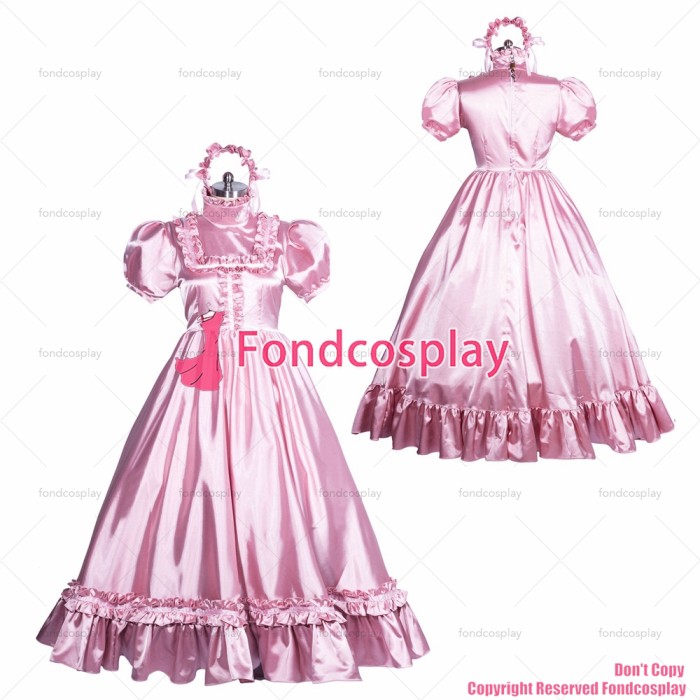 fondcosplay adult sexy cross dressing sissy maid long French Lockable pink satin dress gothic lolita CD/TV[G3864]