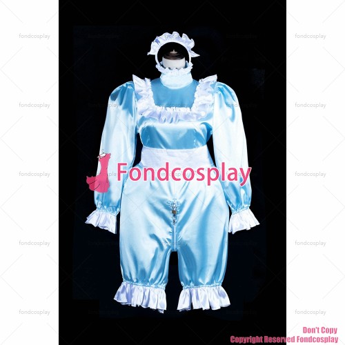 fondcosplay adult sexy cross dressing sissy maid Lockable baby blue Satin jumpsuits rompers Dress CD/TV[G3842]