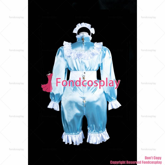 fondcosplay adult sexy cross dressing sissy maid Lockable baby blue Satin jumpsuits rompers Dress CD/TV[G3842]