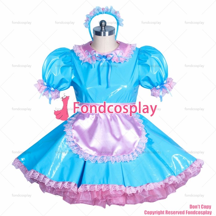 fondcosplay adult sexy cross dressing sissy maid short French Lockable thin PVC light blue dress pink apron CD/TV[G3868]