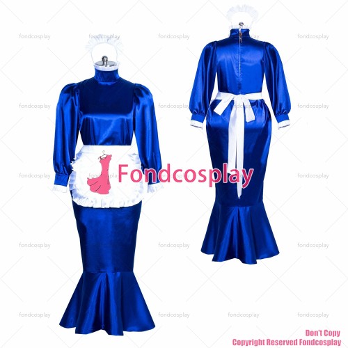 fondcosplay adult sexy cross dressing sissy maid long French Satin lockable blue fishtail dress white apron CD/TV[G3867]