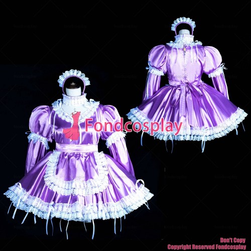 fondcosplay adult sexy cross dressing sissy maid short lockable lilac satin dress apron cosplay CD/TV[G3847]