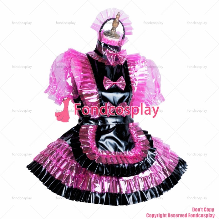 fondcosplay adult sexy cross dressing sissy maid lockable hot pink clear PVC Dress vinyl apron unisex CD/TV[G3818]