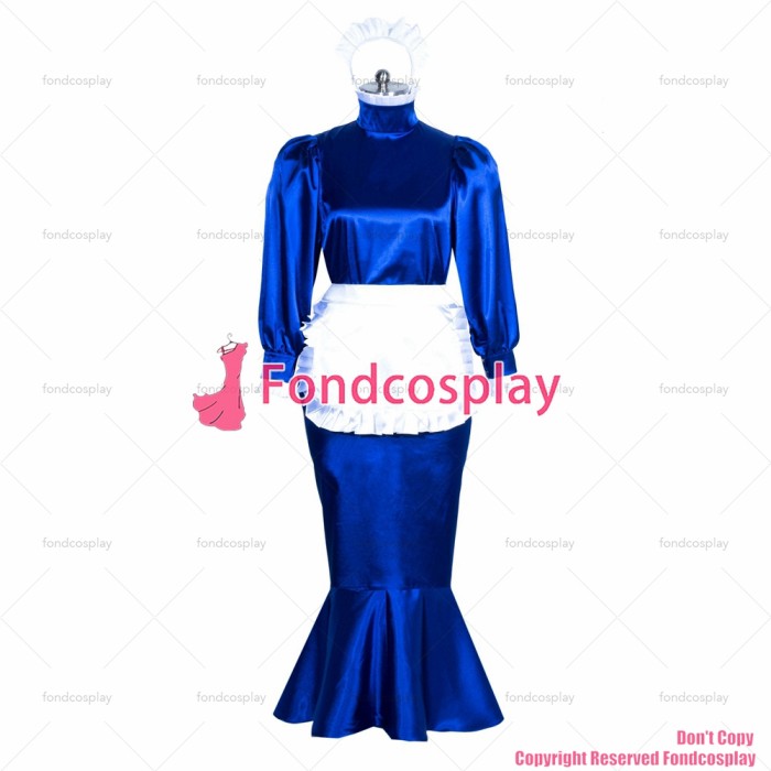 fondcosplay adult sexy cross dressing sissy maid long French Satin lockable blue fishtail dress white apron CD/TV[G3867]