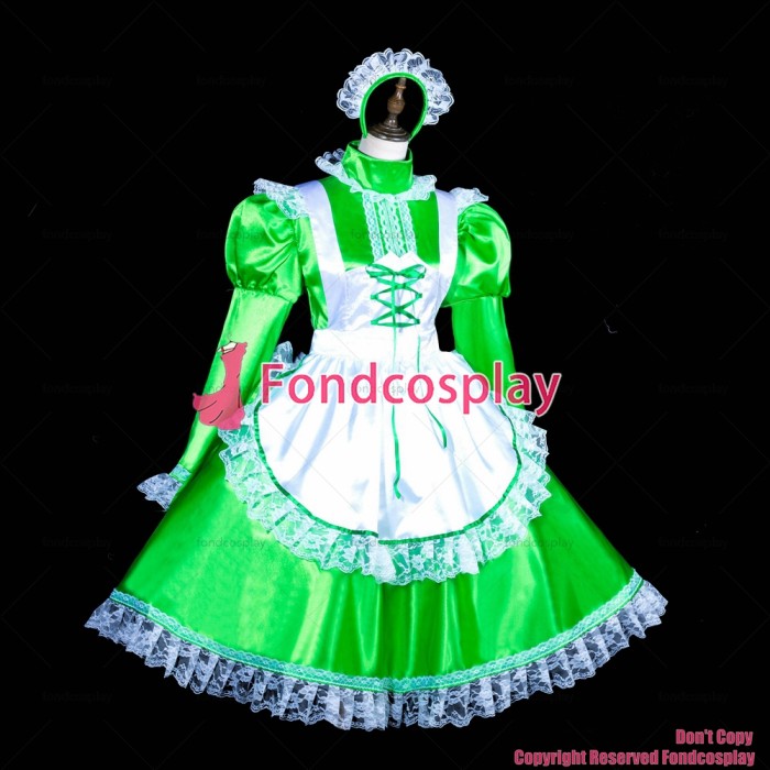 fondcosplay adult sexy cross dressing sissy maid short lockable green Satin dress white apron costume CD/TV[G3840]
