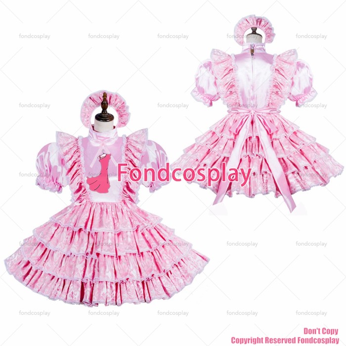fondcosplay adult sexy cross dressing sissy maid short lockable baby pink satin Jacquard dress costume CD/TV[G3822]