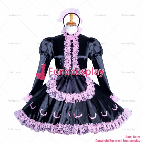 fondcosplay adult sexy cross dressing sissy maid short Lockable black Satin Lace dress apron Tailor -Made[G3861]