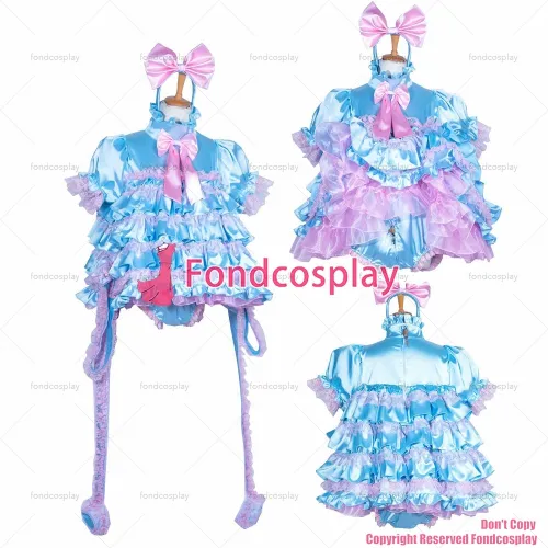 fondcosplay cross dressing sissy maid lockable baby blue Satin dress jumpsuits romper panties handcuffs CD/TV[G3853]