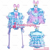 fondcosplay cross dressing sissy maid lockable baby blue Satin dress jumpsuits romper panties handcuffs CD/TV[G3853]