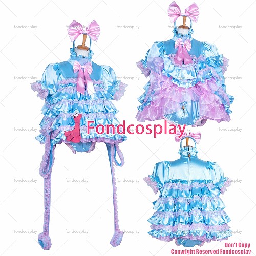 fondcosplay cross dressing sissy maid lockable baby blue Satin dress jumpsuits romper panties handcuffs CD/TV[G3853]