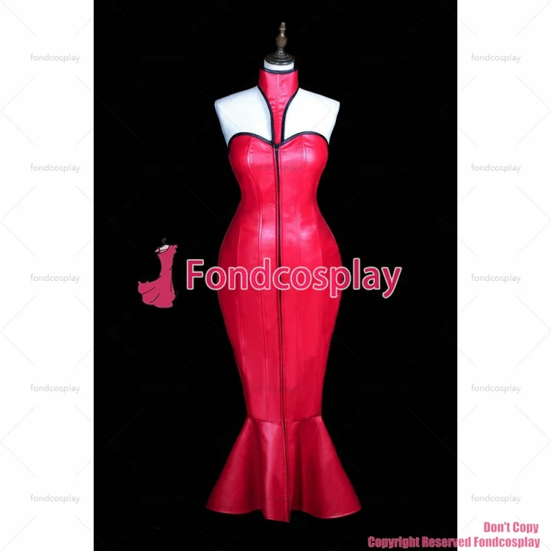 fondcosplay sexy cross dressing sissy maid long red Faux Leather Lace UP Boned Fish tail Corset Party Dress CD/TV[G3837]