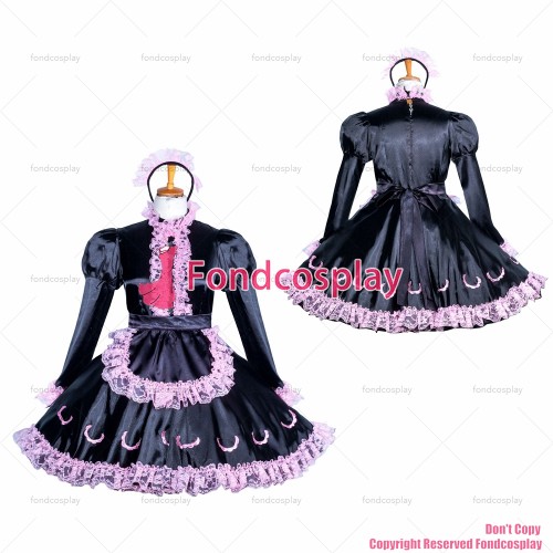 fondcosplay adult sexy cross dressing sissy maid short Lockable black Satin Lace dress apron Tailor -Made[G3861]