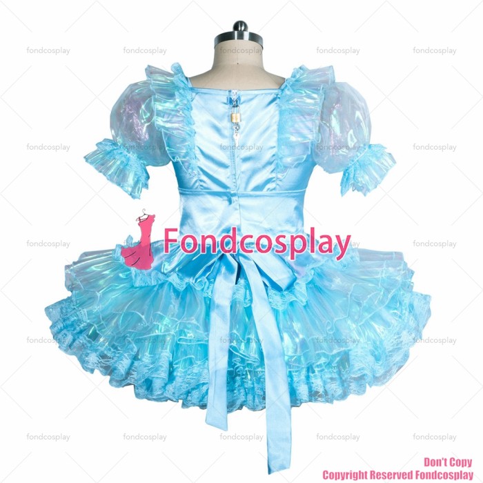 fondcosplay adult sexy cross dressing sissy maid short French lockable blue Satin-glass silk organza dress CD/TV [G3866]