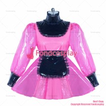 fondcosplay adult sexy cross dressing sissy maid short French hot pink clear PVC lockable dress black apron CD/TV[G3863]