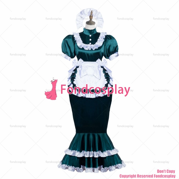 fondcosplay sexy cross dressing sissy maid long lockable Dark green Satin dress white apron Fish Tail CD/TV[G3824]