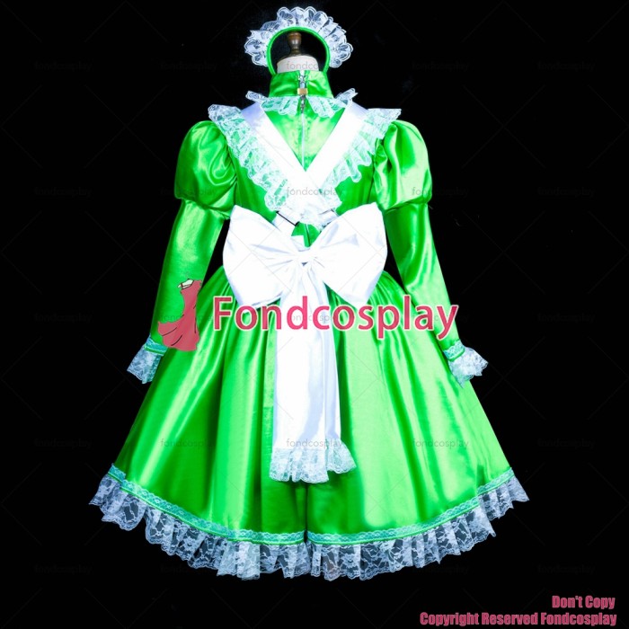fondcosplay adult sexy cross dressing sissy maid short lockable green Satin dress white apron costume CD/TV[G3840]
