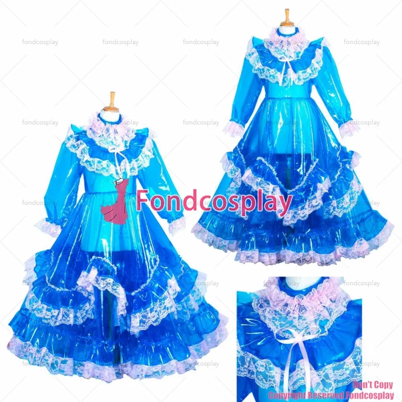 fondcosplay adult sexy cross dressing sissy maid long blue Clear PVC Lockable EVA Plastic blue dress CD/TV[G3850]