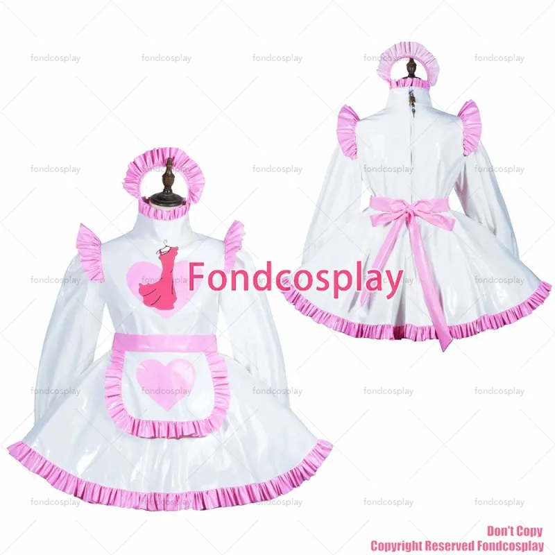fondcosplay adult sexy cross dressing sissy maid short Lockable white heavy PVC dress apron costume Unisex CD/TV[G3820]