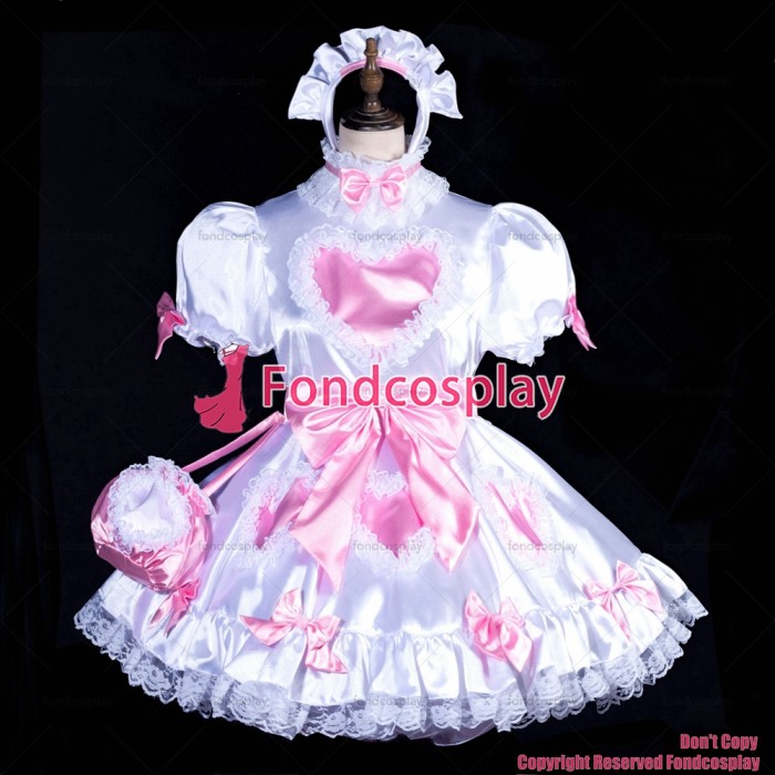 fondcosplay adult sexy cross dressing sissy maid short Lockable heart white Satin Bag heart Dress CD/TV[G3835]