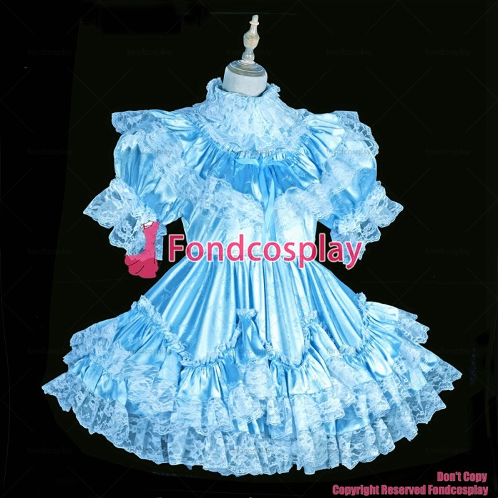 fondcosplay adult sexy cross dressing sissy maid short lockable blue Satin Jacquard dress cosplay costume CD/TV[G3838]