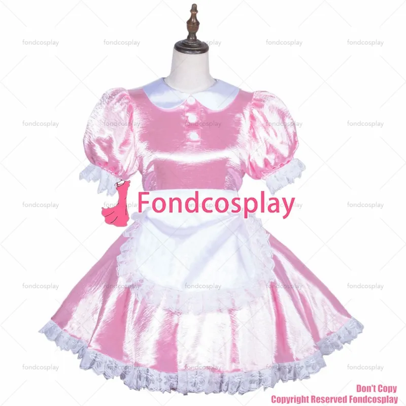 fondcosplay adult sexy cross dressing sissy maid short lockable baby pink Satin dress white apron costume CD/TV[G3839]