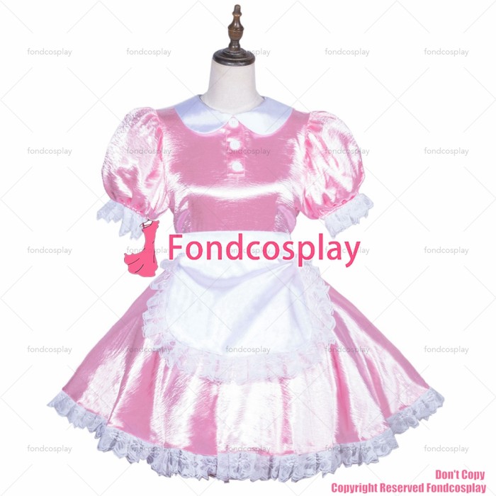 fondcosplay adult sexy cross dressing sissy maid short lockable baby pink Satin dress white apron costume CD/TV[G3839]