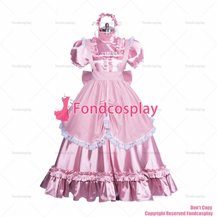 fondcosplay adult sexy cross dressing sissy maid long French Lockable pink satin dress gothic lolita apron CD/TV [G3865]